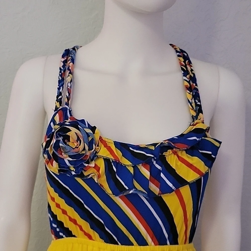 Vtg FASHION WEEK 1980s Rainbow Stripe Tiered Braided Colorblock Slip Dress